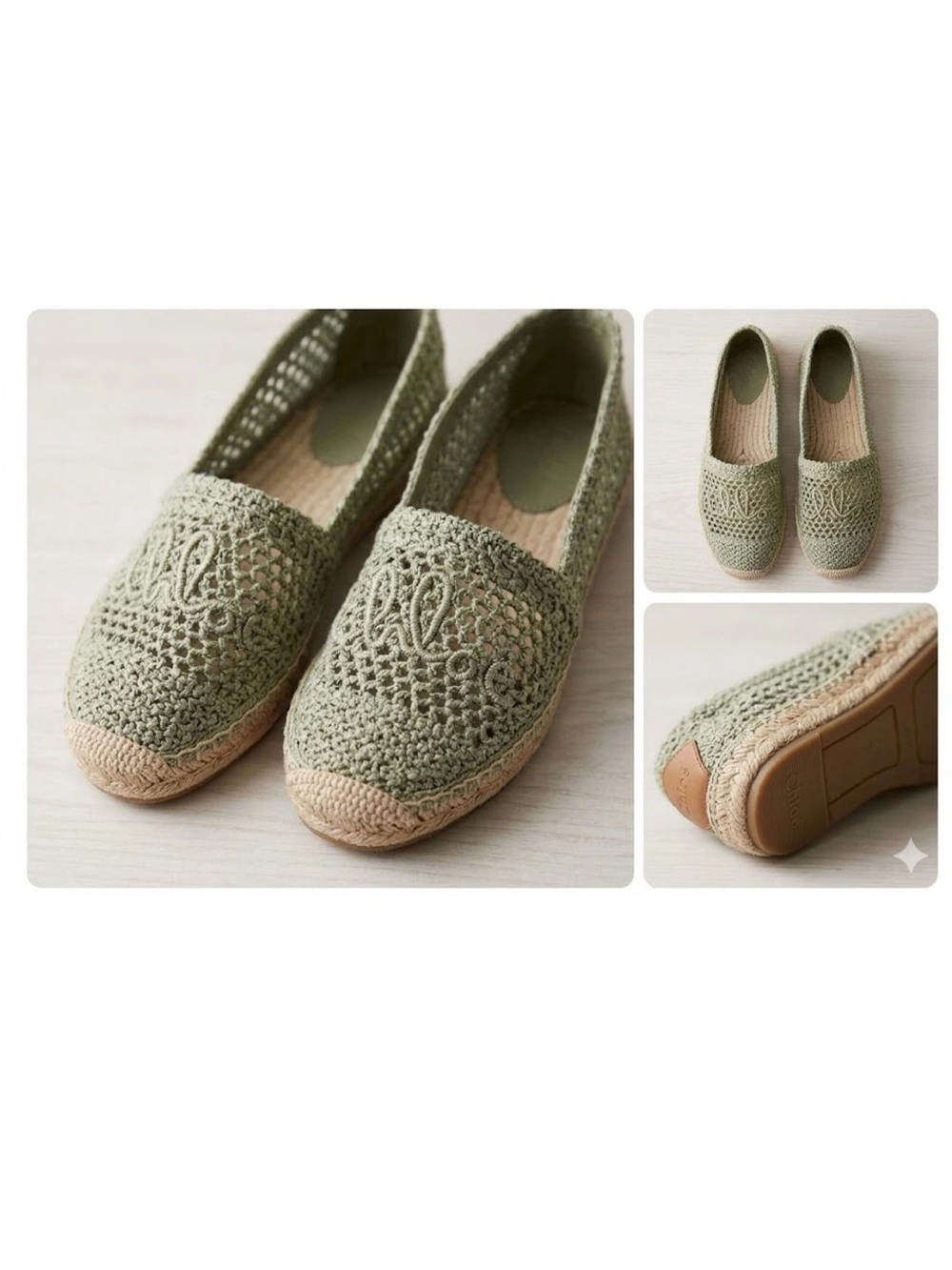 Chloe Crochet Espadrille Flats in Sage Green with Natural Jute Trim